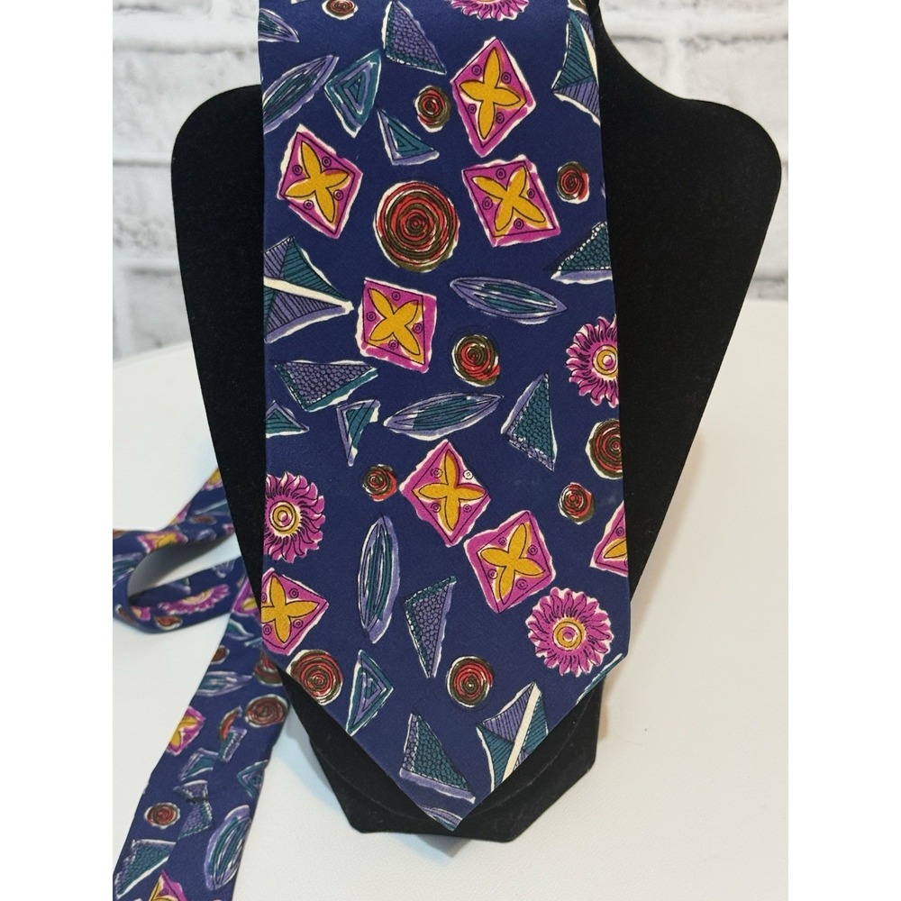 VTG Liberty of London Silk Crepe Tie Mens Blue Geometric Abstract 80s 90s